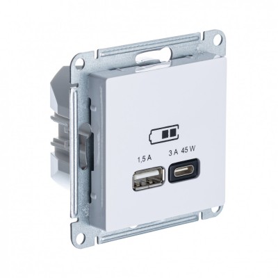 ATN000129 ATLASDESIGN USB РОЗЕТКА A + тип-C 45Вт высокоскор.заряд. QC, PD, механизм, БЕЛЫЙ