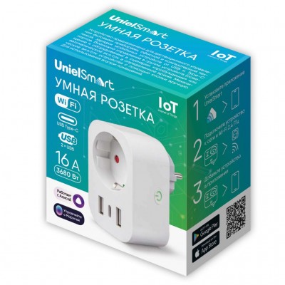 USH-A103 1G/UC/WF WHITE Умная розетка Wi-Fi. 2USB+Type-C (5В, 2,4A). 16A. До 3680Вт. Голосовое управление+приложение UnielSmart.  TM Uniel